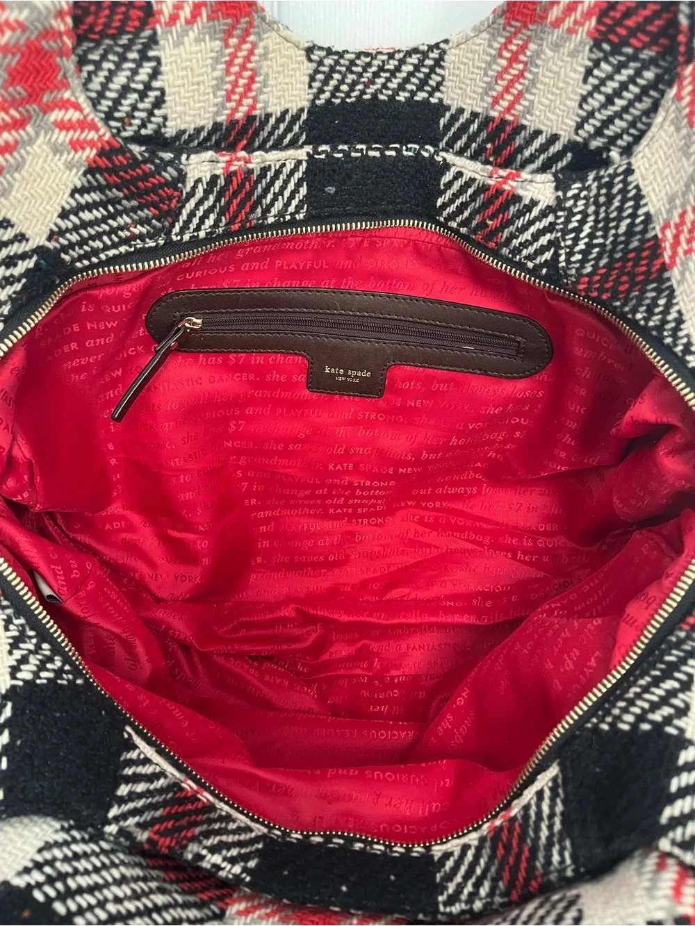 Kate Spade NY Storybook Lining Ruby Park Shon Hobo Bag Plaid Wool Red